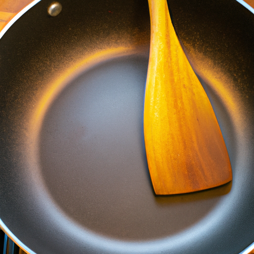 A close-up of a non-stick frying pan with a wooden spatula.