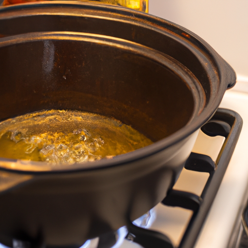 A Dutch oven being seasoned with cooking oil on a stovetop.