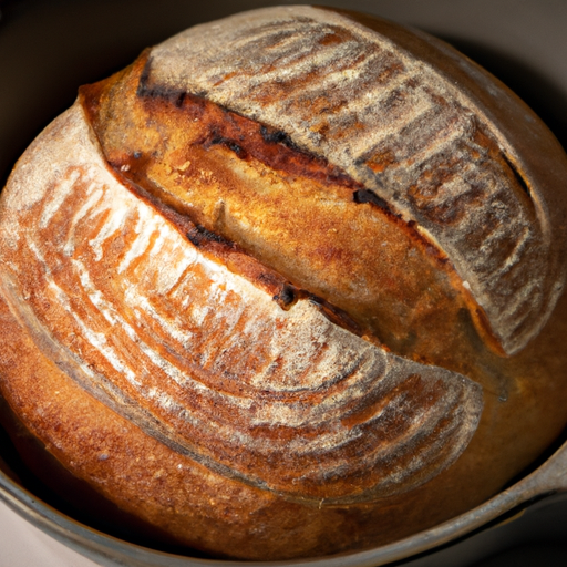 Freshly baked bread with a crispy crust, made in a dutch oven.